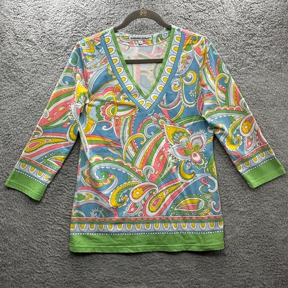 Barbara Gerwit Women's XL Colorful V-Neck Top Paisley Design Fun Bright Vacation - Picture 1 of 10